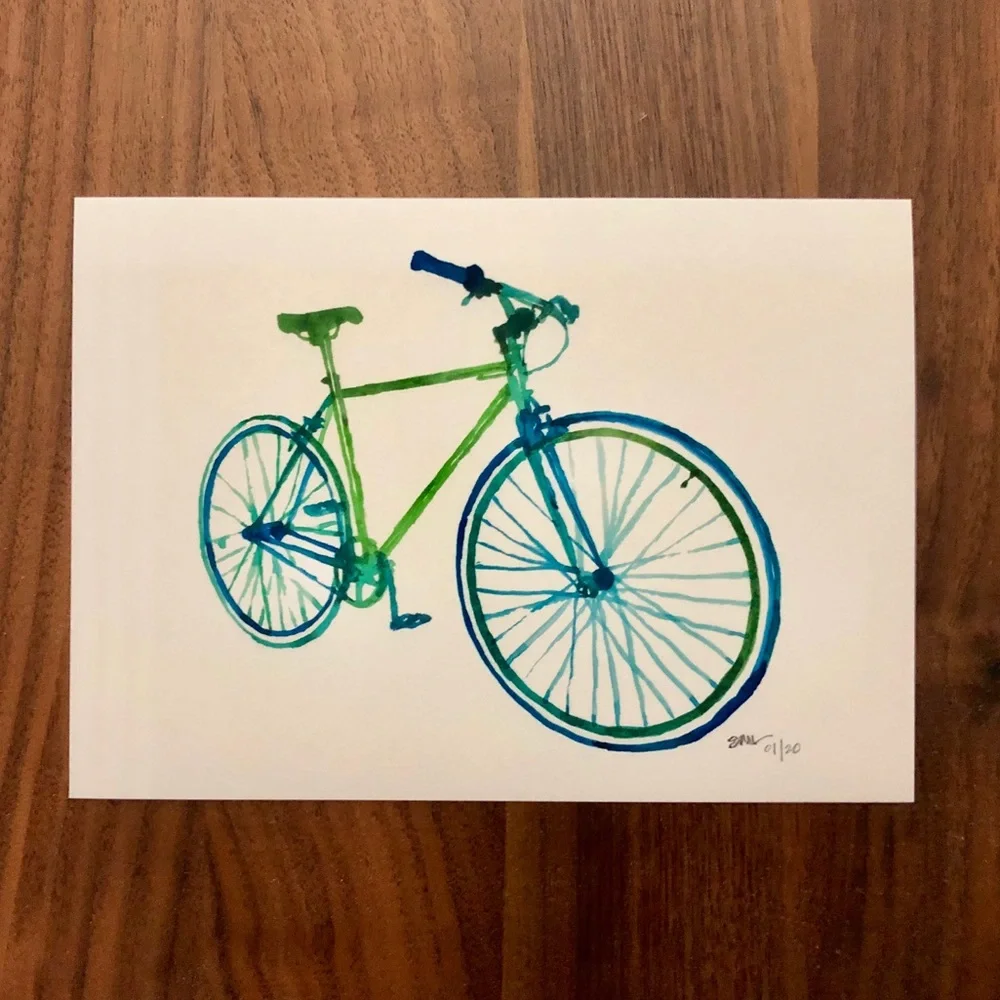 Giclee Bike Art Prints: Blue Tonal Watercolor & Graphite